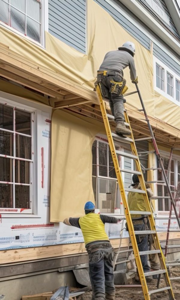 Builders skillfully installing exterior siding and meticulously placing trim on a house, combining functionality and design to create a well-insulated. Generated by AI.