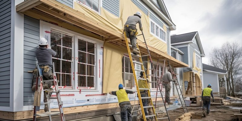 Builders skillfully installing exterior siding and meticulously placing trim on a house, combining functionality and design to create a well-insulated. Generated by AI.