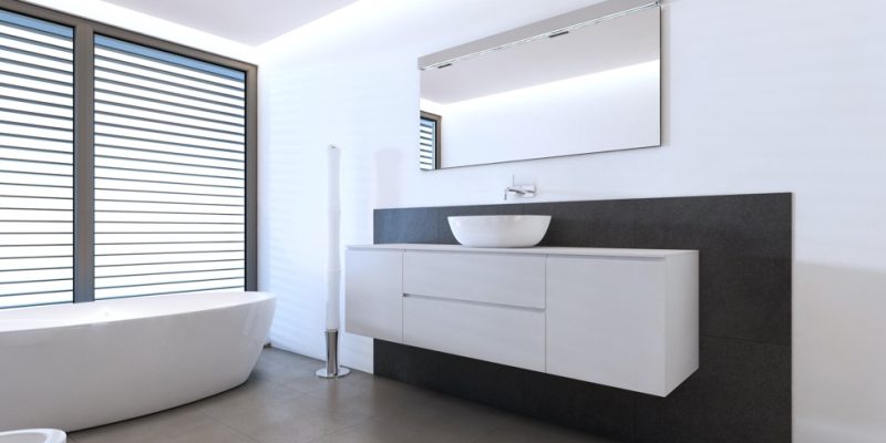 Contemporary bathroom with shower and bath in white and gray colors. 3D rendering